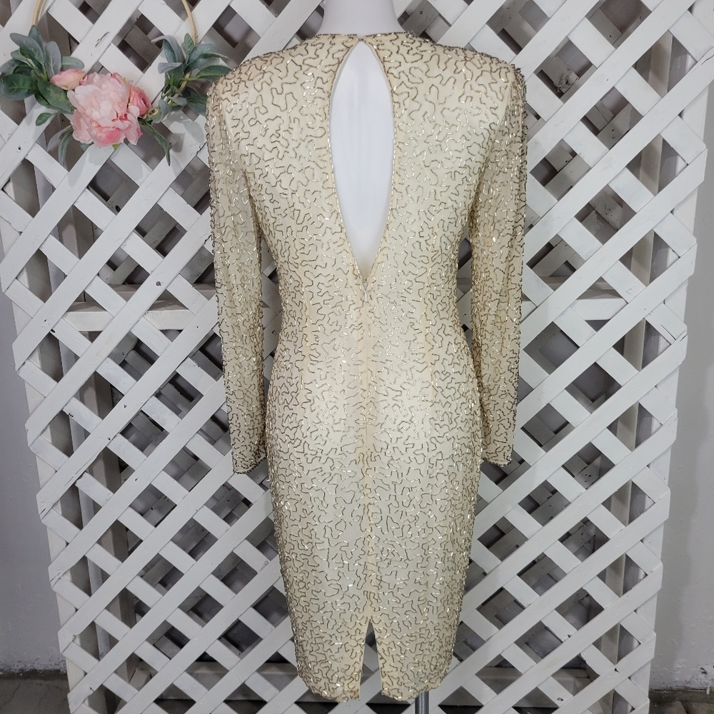 Stunning Vintage Black Tie Cream, Silver and Gold Sequin Open Back Dress Size 8 - Picture 9 of 16
